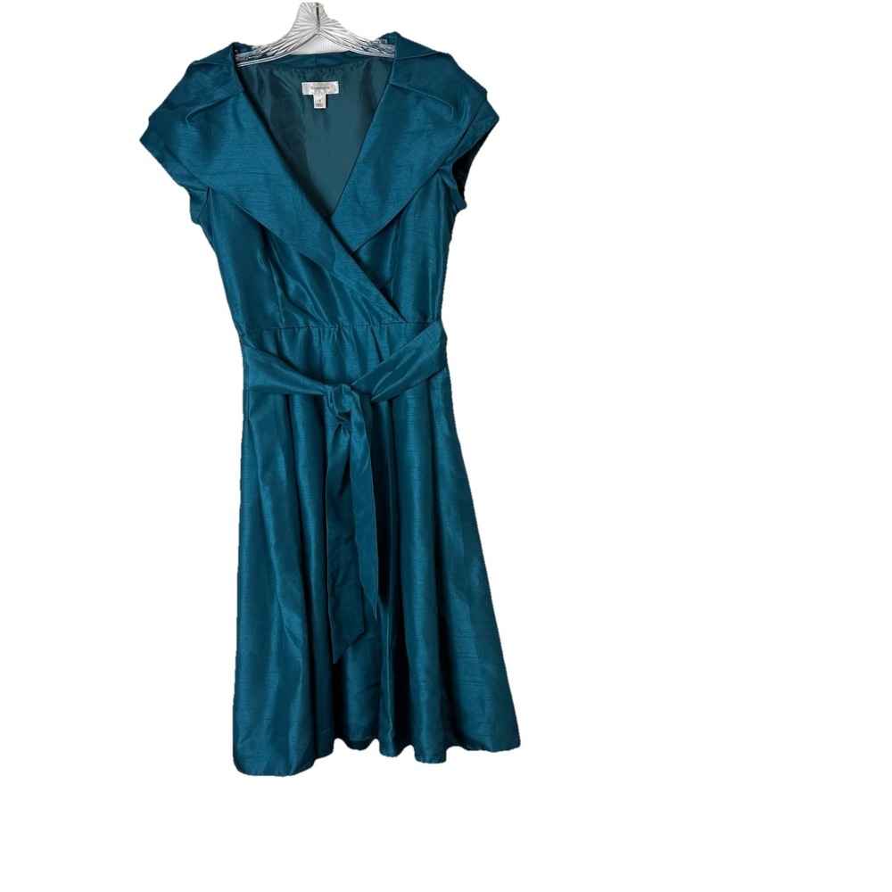 Dress Barn Womens Teal Cap Sleeve Midi Dress Sz 8 Belted Pleated Collar‎ Holiday